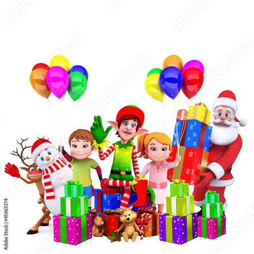Illustration: elves sitting on a box with santa and kids elves sitting on a box with santa and kids