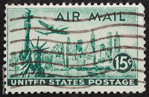 Photo: USA air mail stamp featuring the New York skyline, circa 1947 USA air mail stamp featuring the New York skyline, circa 1947