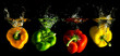 vier verschieden farbige Paprika fallen ins Wasser
