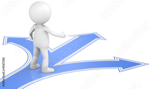 Illustration: Choice. 3D little human character about to make a choice.Blue Choice. 3D little human character about to make a choice.Blue