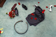 disrobed wedding clothes. straggle objects. Shues, suit, bouquet