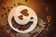 Latte on wooden table on brown background