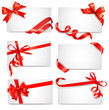 Set of card notes with red gift bows with ribbons