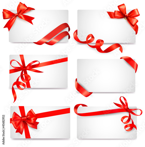 Vector: Set of card notes with red gift bows with ribbons Set of card notes with red gift bows with ribbons