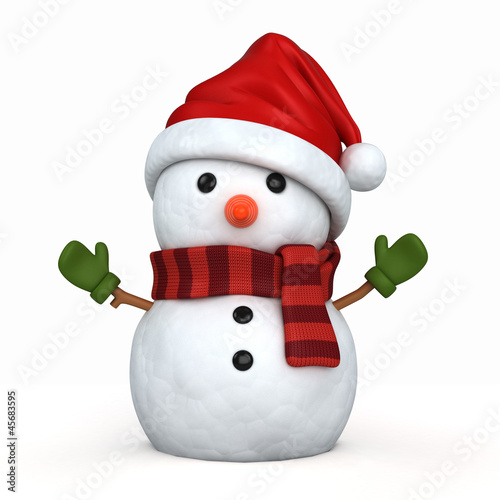 Illustration: 3d render of a snowman wearing santa hat and gloves 3d render of a snowman wearing santa hat and gloves