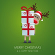 reindeer hold gift boxes green background