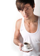 Closeup portrait of young, handsome man thinking. Standing again