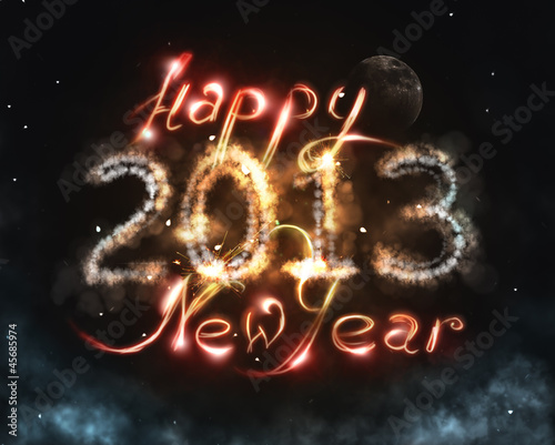 Photo: New Year in universe concept with fantasy clouds, stars and moon New Year in universe concept with fantasy clouds, stars and moon