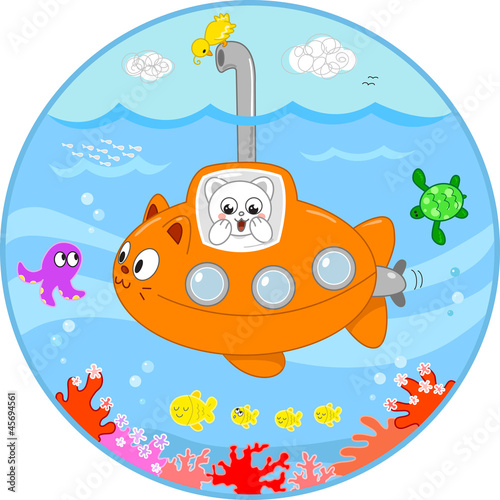 Vector: Cute cat on submarine under water Cute cat on submarine under water