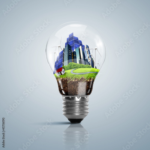 Illustration: Lamp bulb with clean nature symbol inside Lamp bulb with clean nature symbol inside