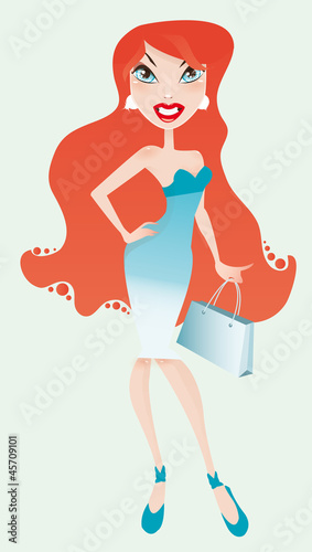 Vector: cute smiling redhead woman with shopping bag cute smiling redhead woman with shopping bag