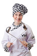 Woman cook with ladle on white