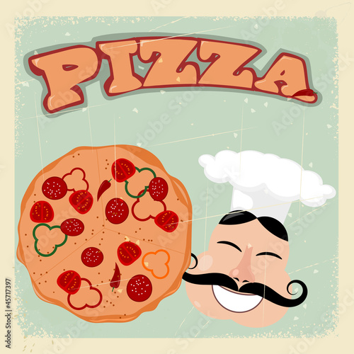  Vintage postcard with pizza and cook. eps10