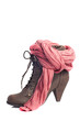 woman heel boots, brown leather, and salmon colored foulard