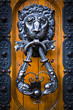 Decorative lion head knocker on a wooden door