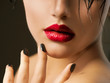 Fashion Girl Closeup. Red Lips And Black Nails. Beautiful Makeup
