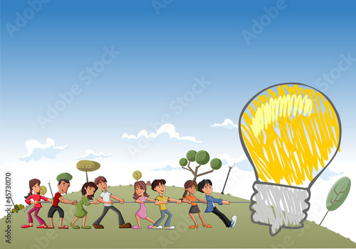 Vector: Group of children pulling a big idea light bulb Group of children pulling a big idea light bulb