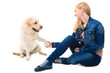 girl and Labrador retriever on isolated white
