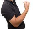 man shows strength on a white background
