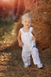 in a field near a haystack funny kid in blue suit