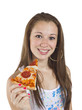 Photo: portrait of smiling teenage girl holding a slice of pizza portrait of smiling teenage girl holding a slice of pizza