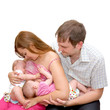 Photo: Breast feeding two little sisters twins Isolated on white Breast feeding two little sisters twins Isolated on white