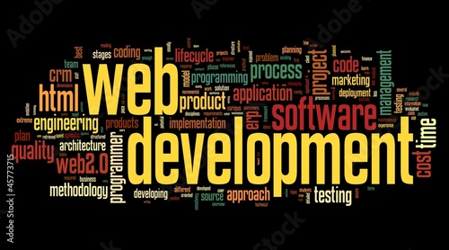 Illustration: Web development concept in word tag cloud Web development concept in word tag cloud