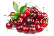Fresh cherries and leaves close up on white