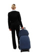 studio shot of businesswoman pulling luggage