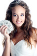 Happy sexy beautiful bride blond girl in white wedding dress wit