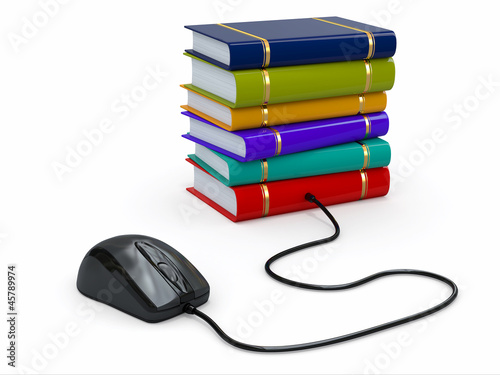 Illustration: Internet education. Books and computer mouse. Internet education. Books and computer mouse.