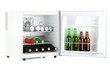 Mini fridge full of bottles of alcoholic beverages isolated