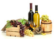barrel, bottles and glasses of wine and ripe grapes isolated