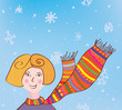 Vector: Christmas girl in funny scarf background with snow Christmas girl in funny scarf background with snow