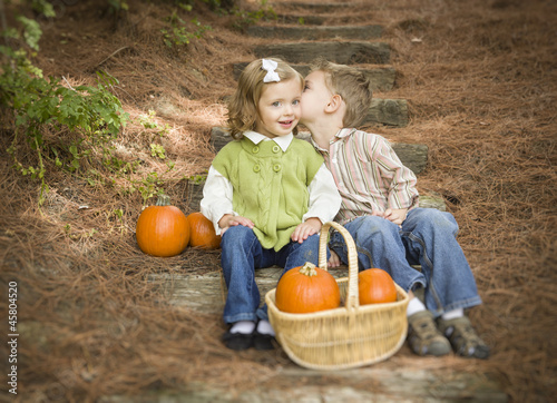 Photo: Brother and Sister Children on Wood Steps with Pumpkins Whisperi Brother and Sister Children on Wood Steps with Pumpkins Whisperi