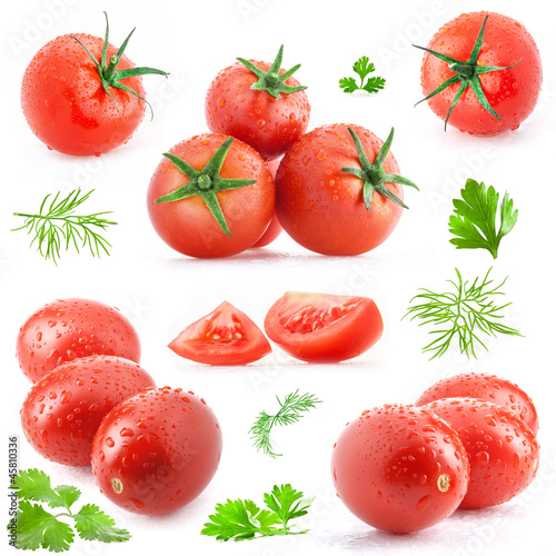 Photo: Collection of tomatoes and herbs isolated on white background Collection of tomatoes and herbs isolated on white background