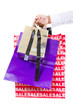 Hand holding shopping bags isolated on white