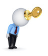 3d small person with a goden key in a hands.