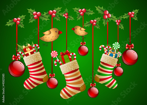 Vector: Hanging christmas socks with present and balls. Hanging christmas socks with present and balls.