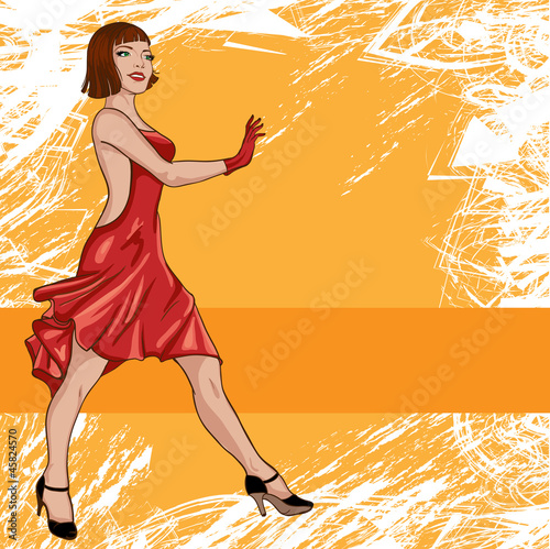 Vector: Young woman in red dress walking Young woman in red dress walking