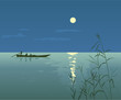 Night Seascape with Boat, vector
