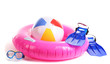 life ring, inflatable ball, flippers and mask isolated on white