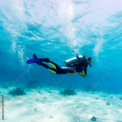 Photo: Silhouette of Scuba Diver near Sea Bottom Silhouette of Scuba Diver near Sea Bottom