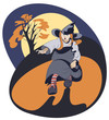 Running girl in witch costume