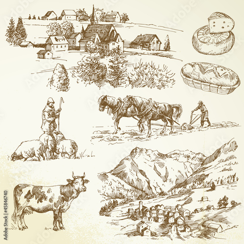 Vector: farm, agricultural village - rural landscape farm, agricultural village - rural landscape