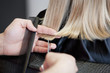 Photo: A male hairdresser cutting a young girls hair close up A male hairdresser cutting a young girls hair close up