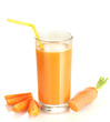 glass of carrot juice and fresh carrot isolated on white