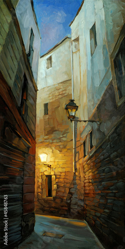 Illustration: ancient night street in gothic quarter of barcelona, illustrati ancient night street in gothic quarter of barcelona, illustrati