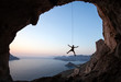 Rock climber at sunset, Kalymnos Island, Greece