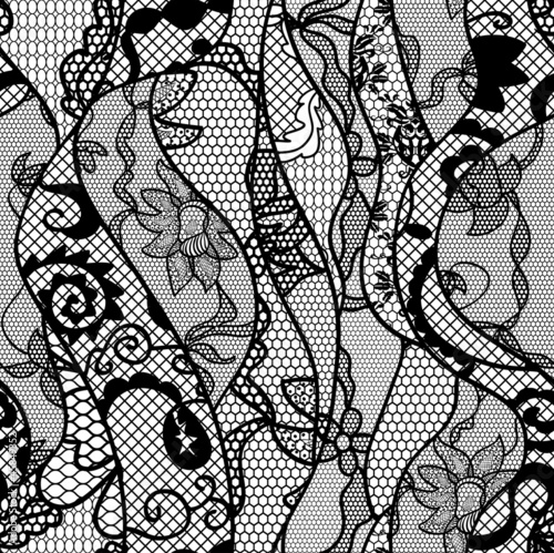 Vector: Black lace vector fabric seamless pattern with lines and waves Black lace vector fabric seamless pattern with lines and waves